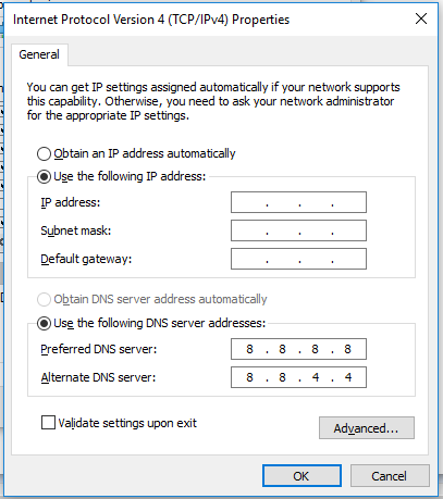 Screenshot of Internet Protocol Version 4 (TCP/IPv4) settings showing options to obtain an IP address and DNS server address automatically or manually, including fields for IP address, subnet mask, and default gateway.