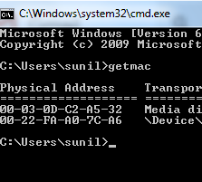Screenshot of the getmac command output in Windows, displaying physical MAC addresses and transport names of network adapters.