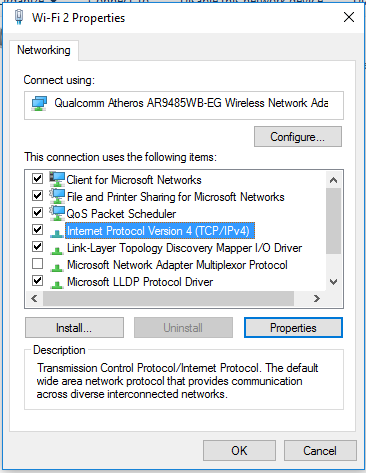 Screenshot of Windows network connection properties showing "Connect using" and selected items including Internet Protocol Version 4 (TCP/IPv4).