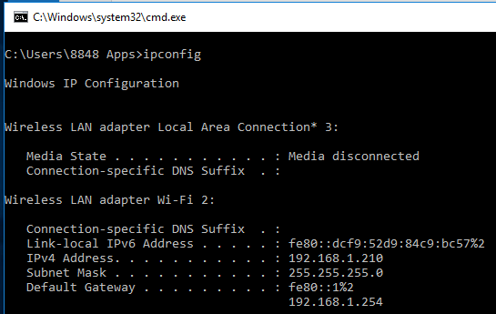 Screenshot showing the output of the ipconfig command in Windows, displaying IP address, subnet mask, and default gateway.